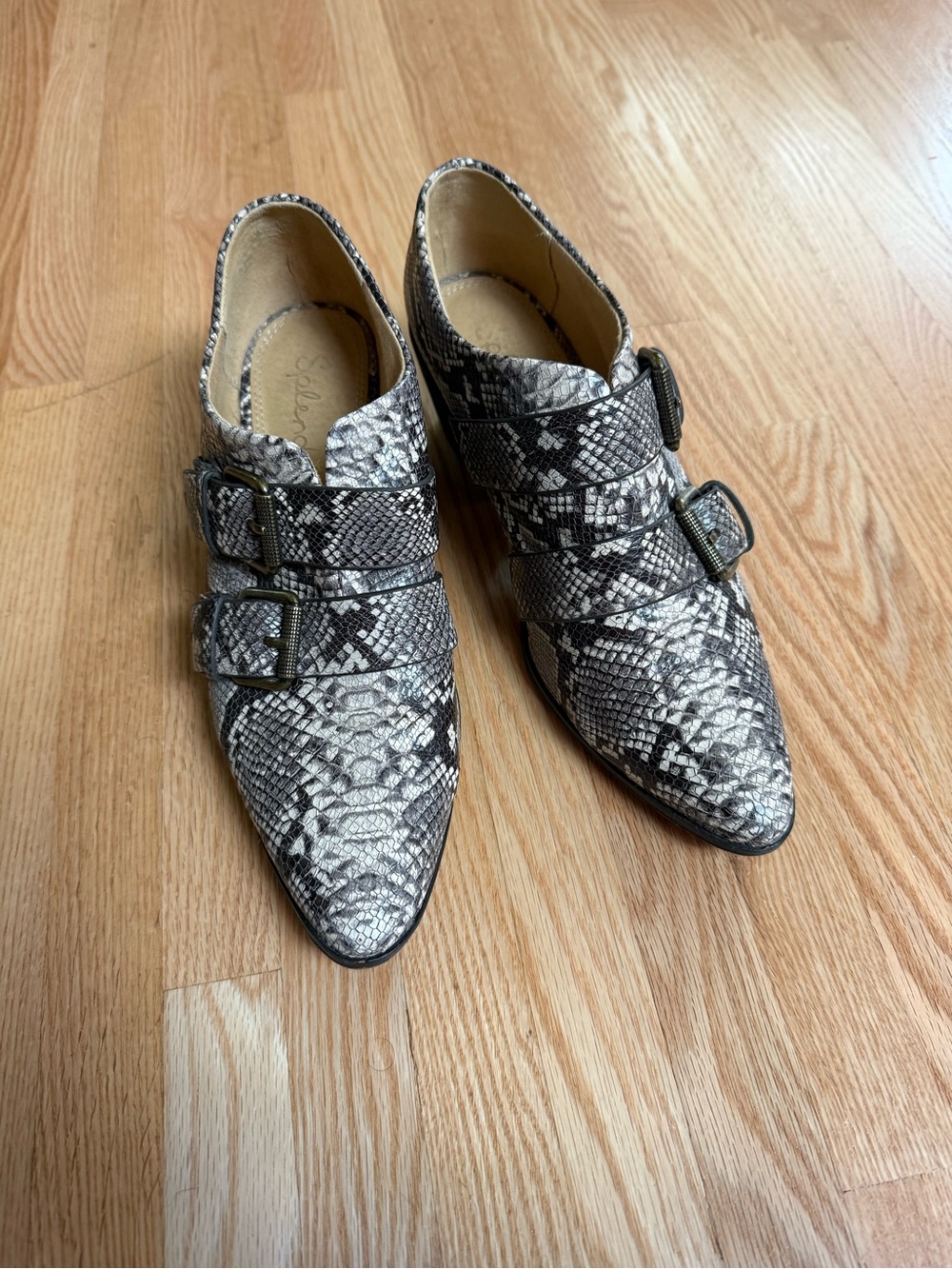 Anthropologie Snakeskin Double-Buckle Pointed Ankle Booties in Black and Tan - Picture 3 of 8